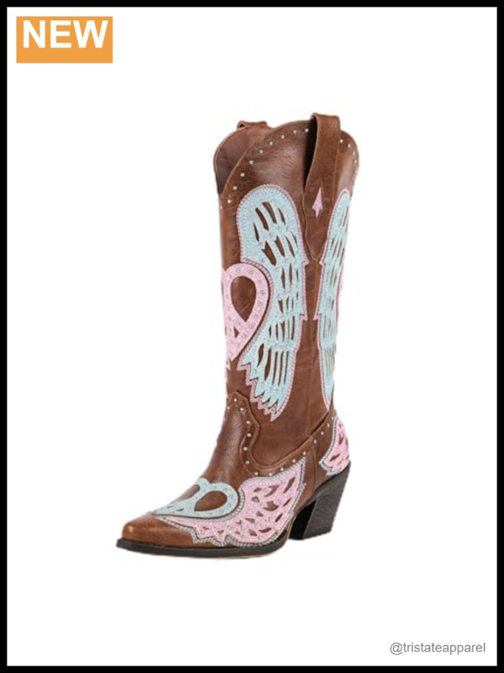 Western Cowgirl Boots Embroidery Angel Wings Mid Calf Chunky Heel Pointed Toe